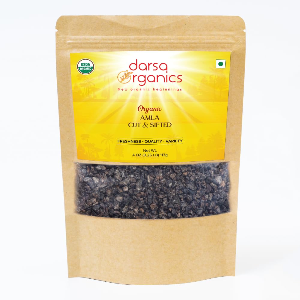 Darsa Organics Indian Goseberry, Died Amla Cut & Sifted 4oz - USDA Organic Amla for Herbal Tea, Healthy Resep, Pertumbuhan Rambut & Ilegal, Rich in Vitamin C Antioksidants, Vegan, non-GMO, Gluten Free, Kosher