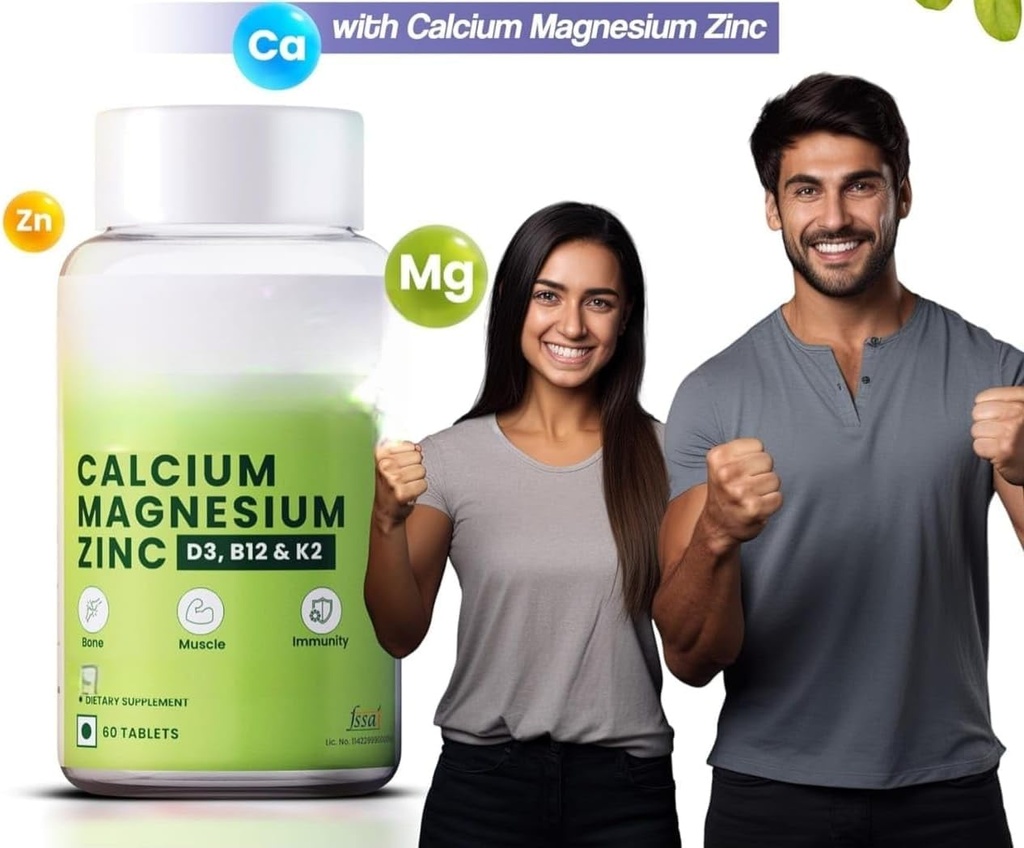 Kalsium, Magnesium, Zinc dengan Vitamin D3 & B12, 1000mg I 60 Veg Tablet 126; Dukung Joints Strong Health 124; untuk Kedua Pria & Perempuan, 1 Count, 60 Capsules