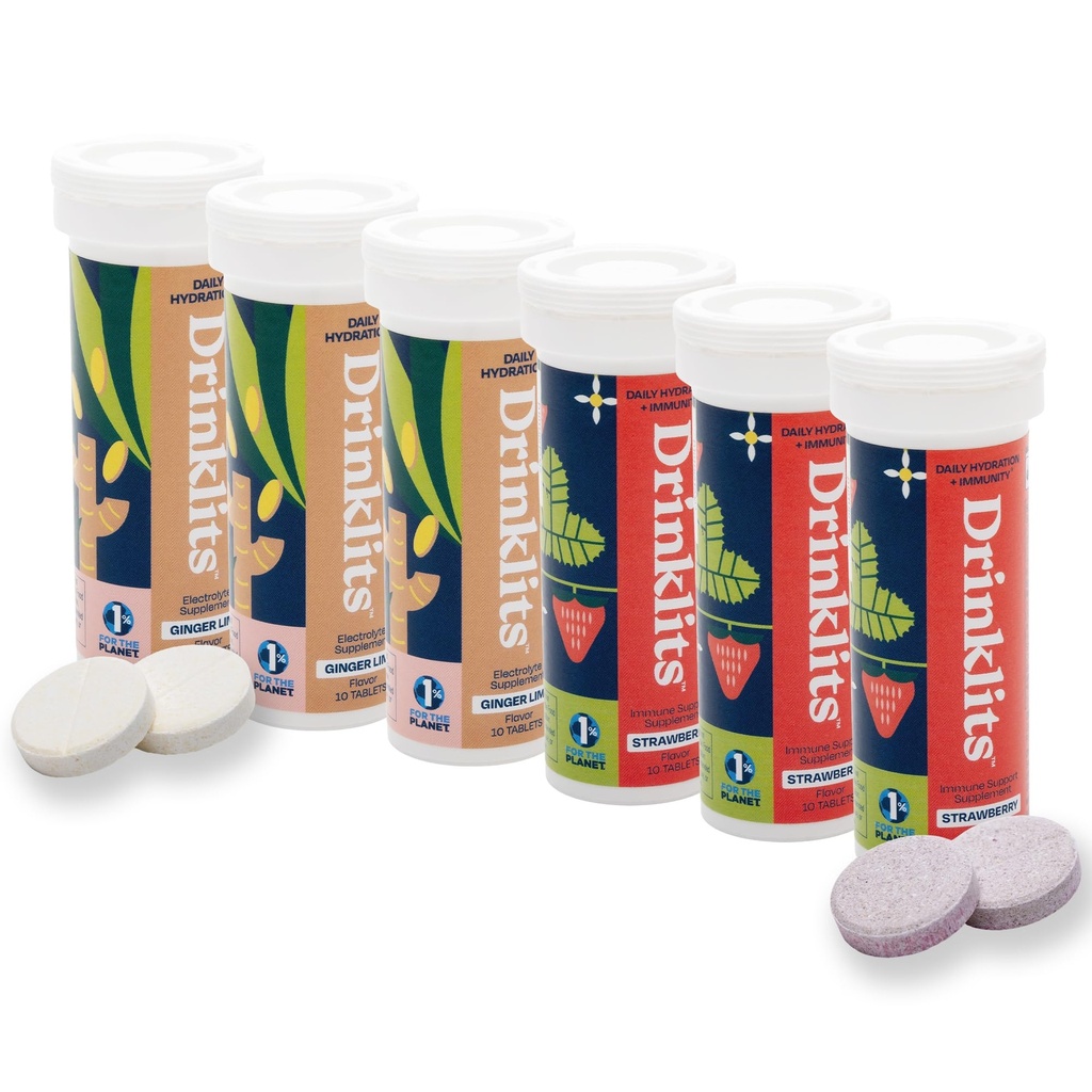Drinklits Ginger- Lime Electrolite Hydration & Strawberry Imunity Tablet (6) Taut Combo Apung 124; Great Taste - Gluten Free - Daily Gunakan 124; 60 (10 Tablet Per Tube)