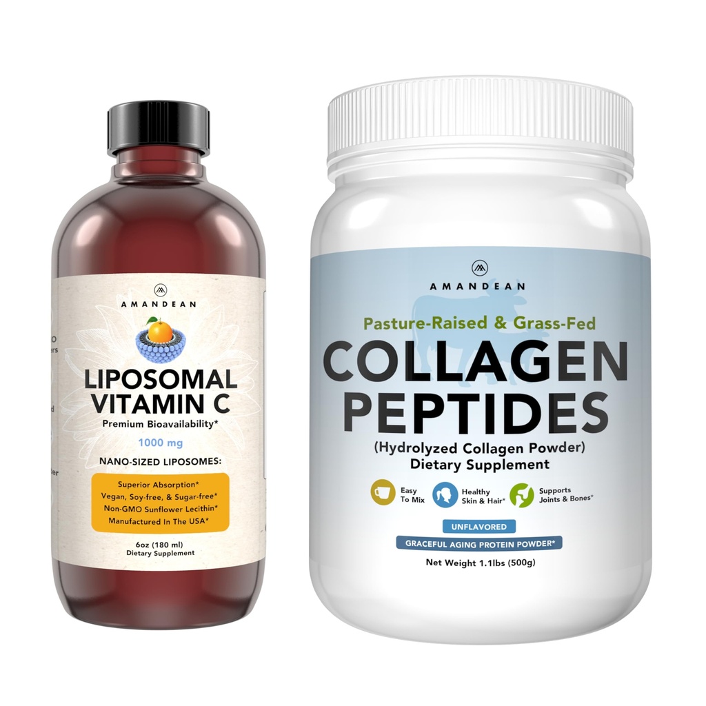AMANDEAN Premium Lipomal Vitamin C & Bovine Collagen Peptides Bundle. Antioksidan kuat. Liquid Qualit- C. Hydrolyzed Tipe 1 & 3. Dukungan Imune. Kulit sehat, Rambut & Kuku