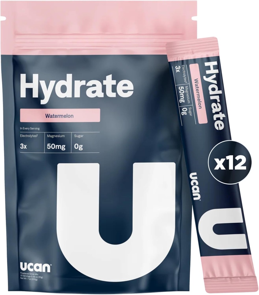UCAN Hydrate Electrolite Drink Mix (Watermelon, 12 Stickpacks) Sugar- Free, Keto- Friendly, Vegan, Non-GMO, Gluten- Free Electrolite Powder with Pottasium & Magnesium for Runners & Athletes