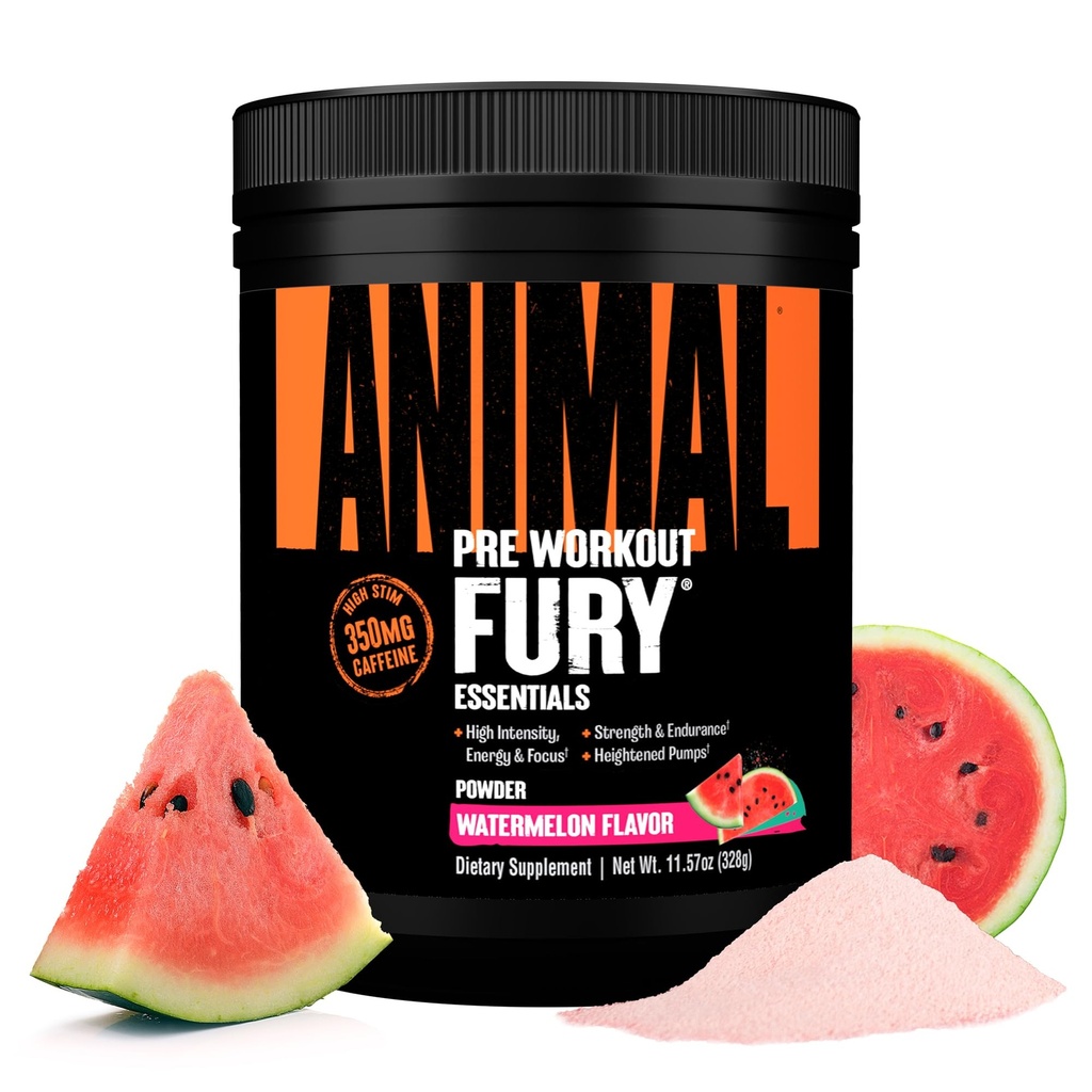 Animal Fury Pre Workout Powder - Watermelon, 350mg Caffeine, BCAA Amino Acids, 2g Beta Alanine, Citrulline & Tyrosine, Energy, Focus, Kekuatan, Perbaikan, Praolahraga untuk Pria & Perempuan, 20 Servis