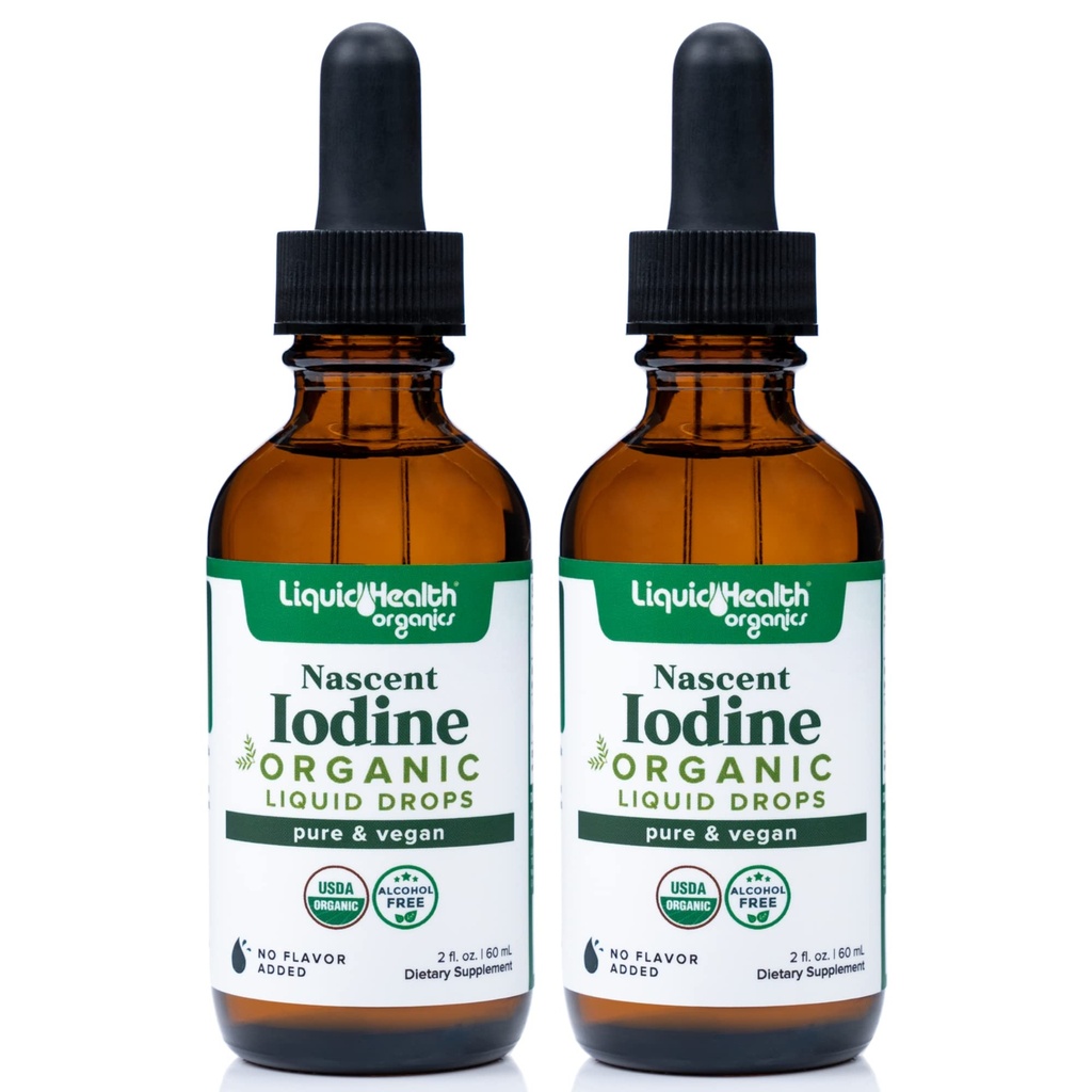 LiquidhealTH USDA Organic Nascent Iodin Liquid Drops, Suplemen Iodium Murni untuk Thyroid & Imune Dukungan, Suplemen Energi - dibuat di Amerika Serikat, Vegan, Berwarna, Taincture (2 Pack)