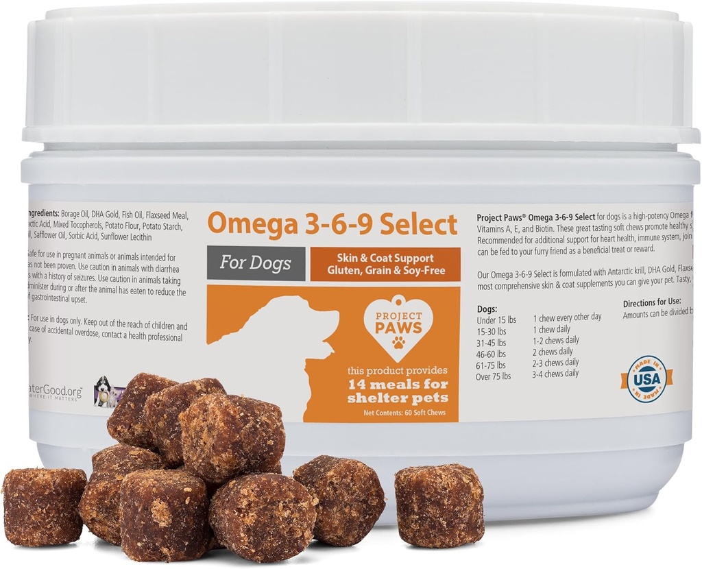 Proyek Paws Omega 3-6-9 Pilih Minyak Ikan untuk Anjing - Krill Oil Skin dan Tambahan Coat - 60 Cacah