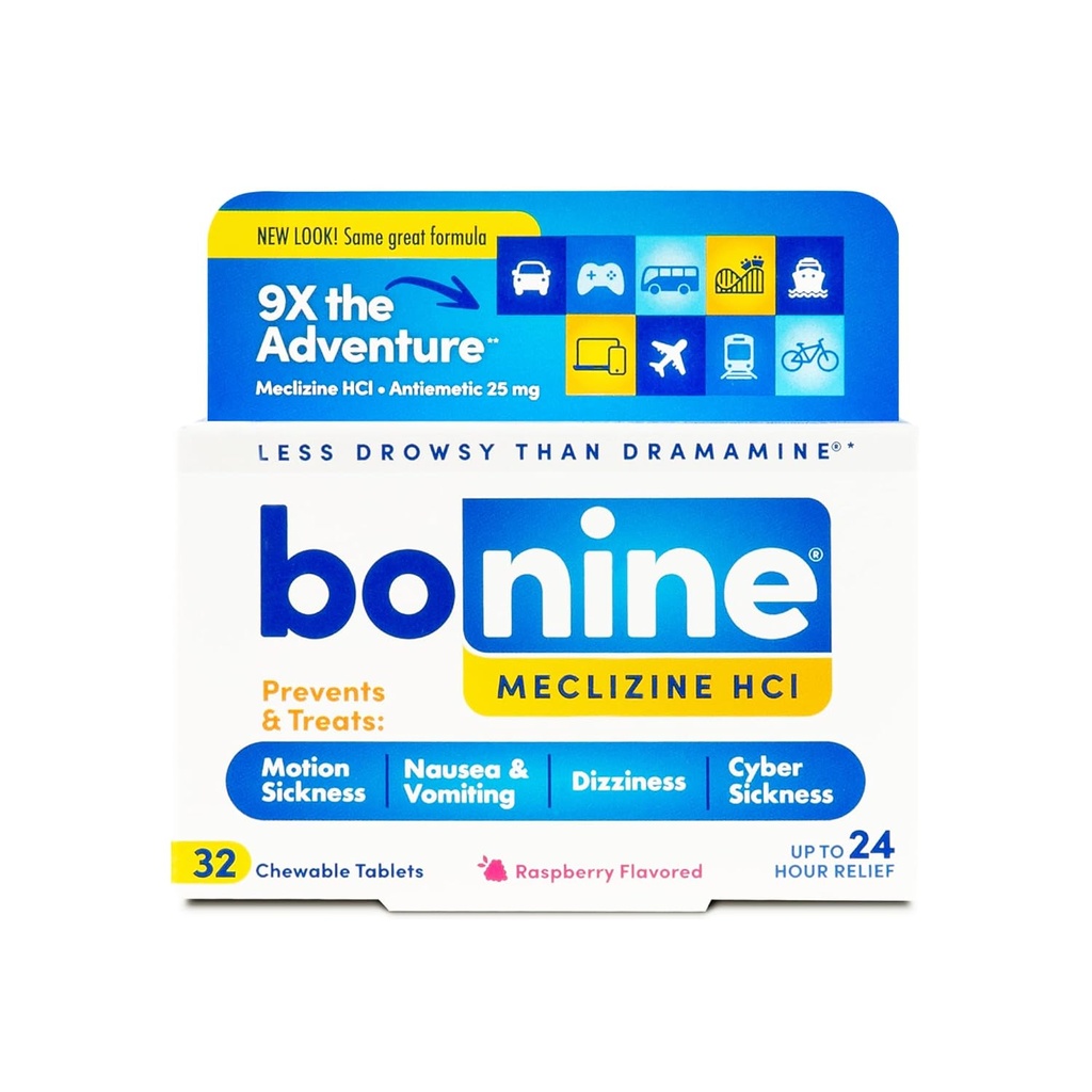 Bonine Non-Drowsy Motion Sickness Relief - Chewable Tablet dengan Meclizine HCL 25mg - Non Drowsy Medicine for Nausea atau Motion Sickness - Cruise Essentials - Raspberry Flavor, 32 Chelable Tablets