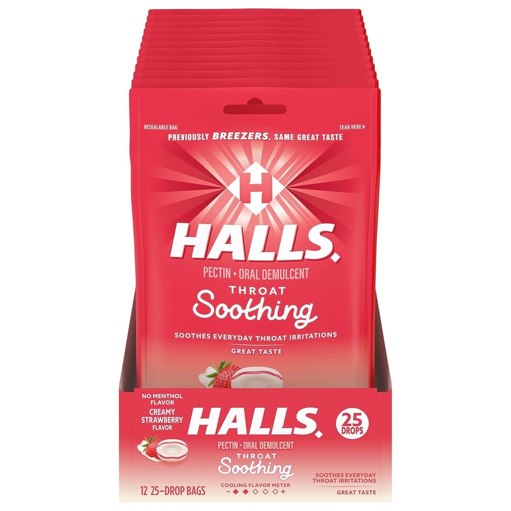 HalLS Throat SoOthing (Sebelumnya HalLS Breezers) Creamy Strawberry Throat Drops, 12 Bags of 25 Drops (300 Total Drops)