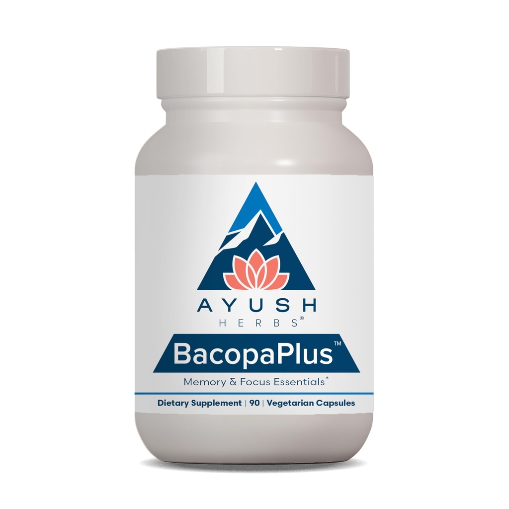 Ayush Herbs BasopoPlus - Bacopa Suplemen, Organik Bacopa untuk Memory & Focus, Kognitive Pil Dukungan untuk Dewasa dengan Ginkgo, Gotola, Ashwagandha - 90 Vegetarian Capsules (1 Count)