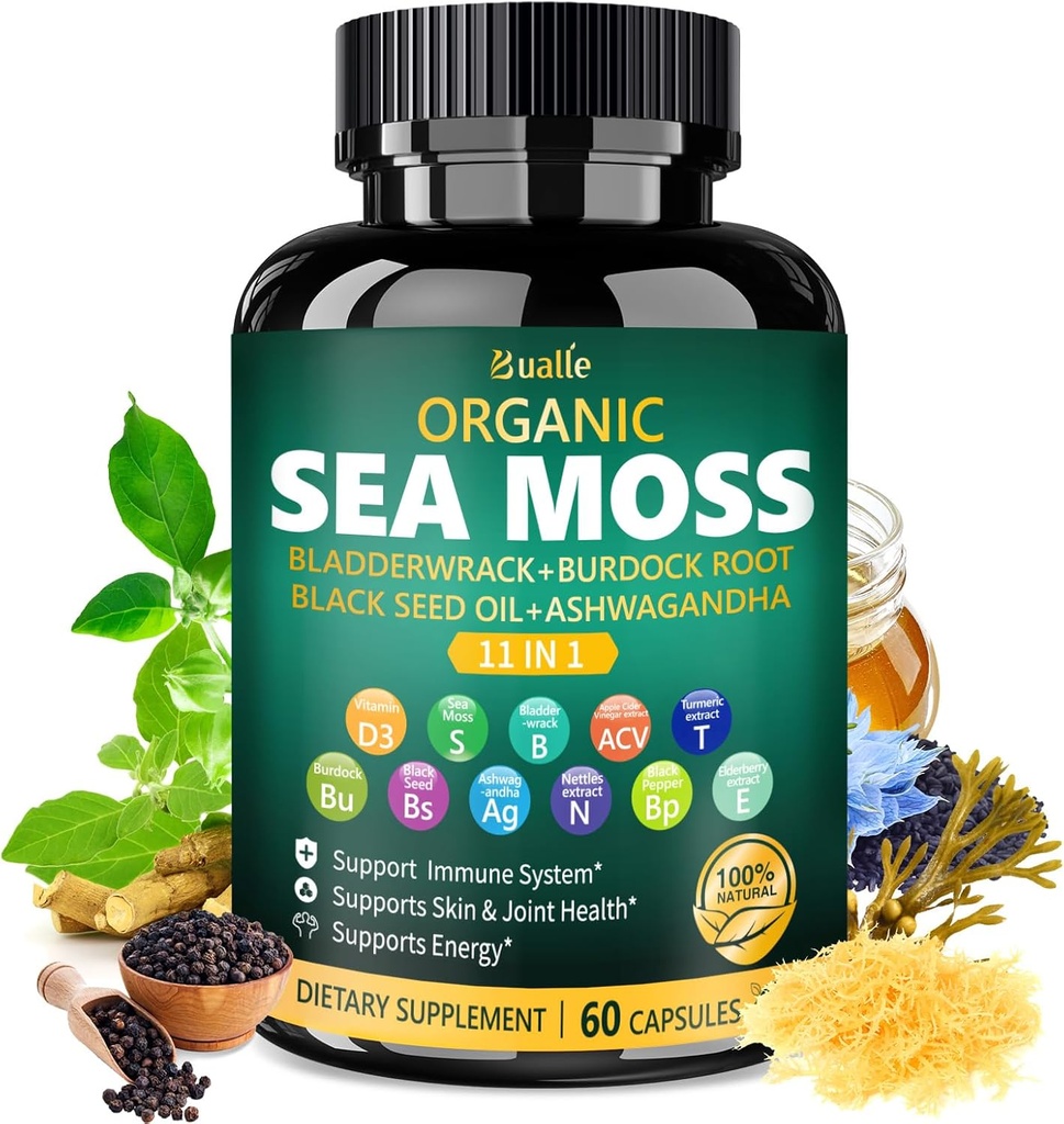 Bualle Organic Sea Moss Capsules with Black Seed Oil, Ashwagandha, Bladderwrack, Ginger & Burdock Root - Herbal Complex for Daily Wellness - 60 Capsules (1 Pack)
