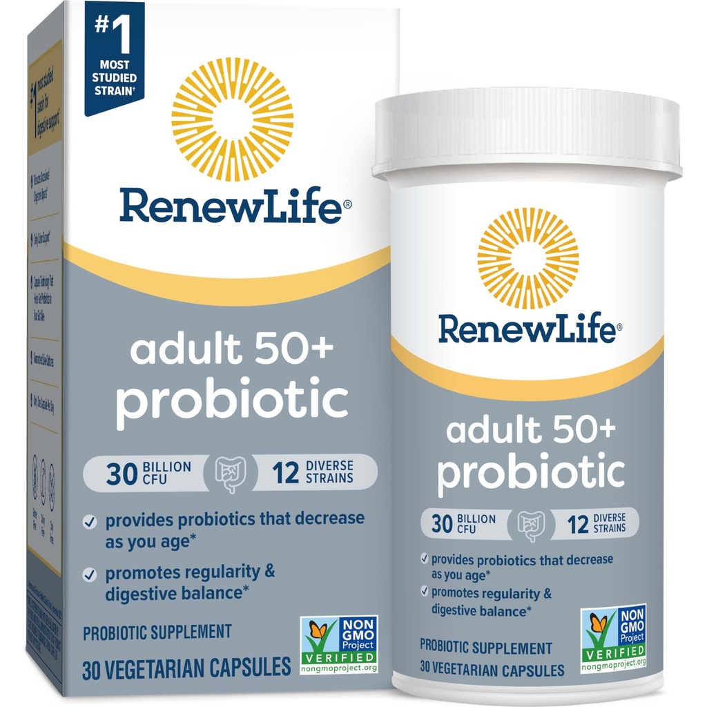 Renew Life Probiotic Dewasa 50 Plus Probiotic Capsules, Daily Support Urinary, Digetical and Immune Health, L. Rhamnosus GG, Dairy, Soy dan gluten- free, 30 Milyar CFU, 30 Count