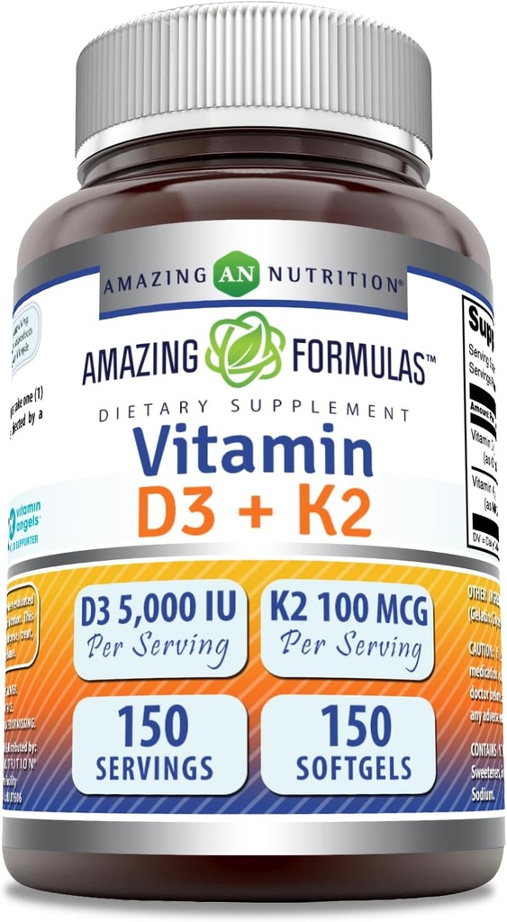 Amazing Formulas Vitamin D3 5000 IU dengan Vitamin K2 100 Mcg 124; D3 + K2 Suftgels: Non-GMO 124; Gluten- Free Alag4; Made in USA (1 Pack, 150 Count)