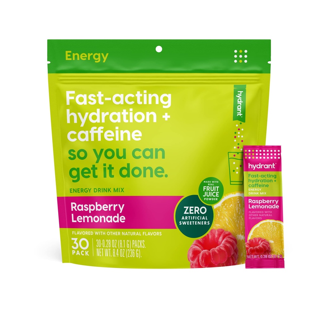 Hydrant - Energi Mesiu Elektrolite, Raspberry Lemonade Flavor, 30 Caffeine & L-Theanine Energy Rehydration Stick Packs - Bubuk Energi Gula Rendah untuk Penggunaan Harian