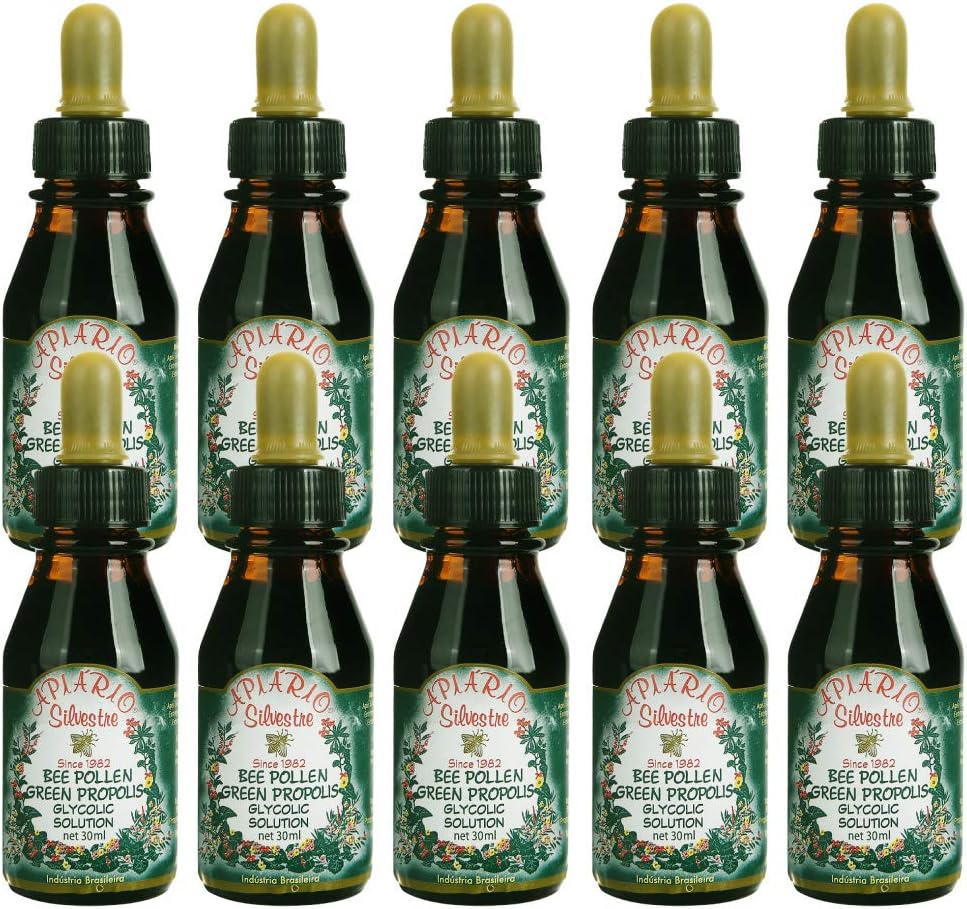 Distributor Resmi - 10 Botol Apiario Silvestre Bee Pollen & Brazil Green Propolis Liquid - Glycolic Extract - Non Alcoholic, Wax Free, Sugar Free