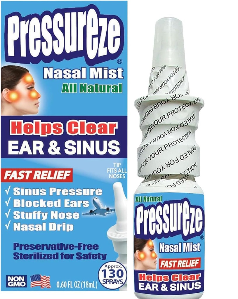 Presurize Nasal Spray - All Natural Preservative- Free Sterile - Fast Relief Nasal Spray - for Sinus Allergies Contraffic Blocked Ears Loud Snoring 124; 130 Sprays, 18 ml