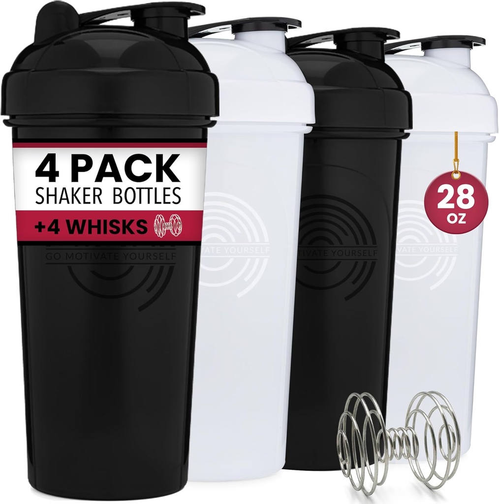 GOMOYO 4-Pack - 28 Ounce Protein Shake Bottle for Mixes, 4xWire Whisk, Leak Providence Bulk Suplement Mixes dan Pre-Workout Shaker, Dishwasher Safe & BPA Free, Black & White