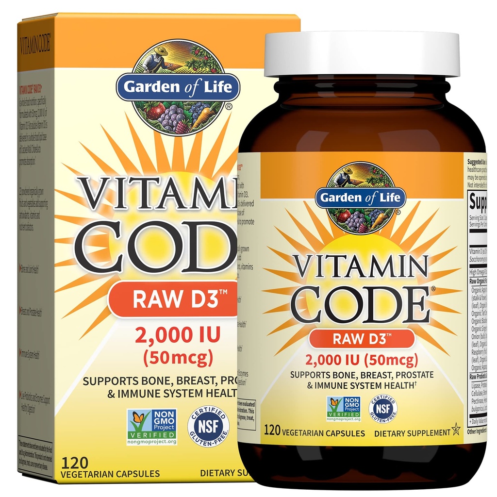 Taman Kehidupan Vitamin D, Vitamin Code Raw D3, Vitamin D 2,000 IU, Suplemen Seluruh Makanan Raw D3 dengan Chlorella, Buah, Vegies & Progories untuk Bone & Imune Kesehatan, 120 Vegetarian Capsules