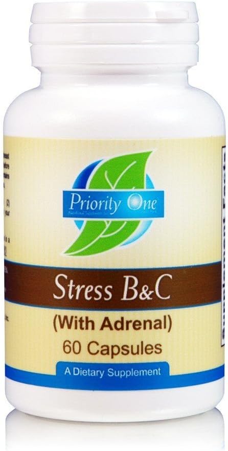 Priority One Vitamin Stress B & C 60 Kapsul - B Complex with Whole Gland Adrenal to Dukung Healthy Nerves, Skin, Eyes, gastrointestinal, and Brain Functions. *