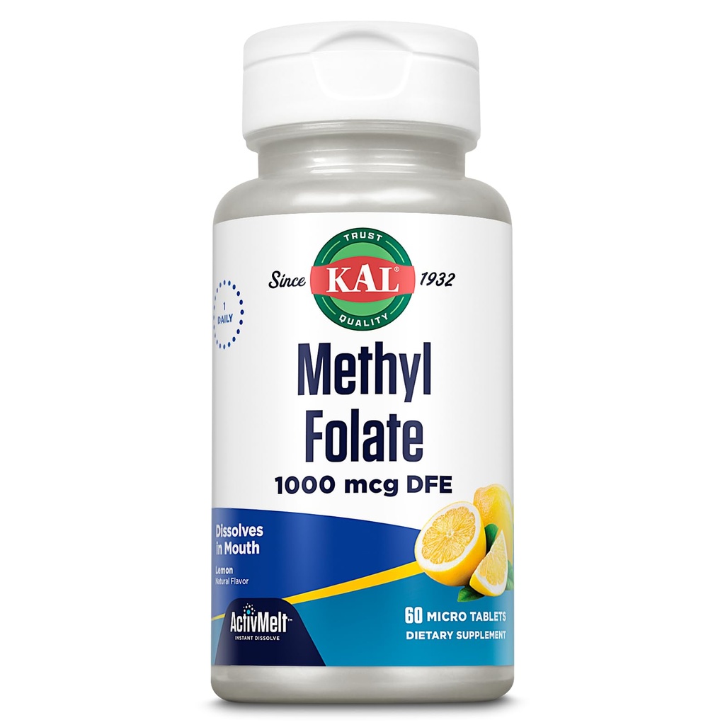 KAL Metyl Fleil 1000 mcg, 5- MTHF Active Form, OLIC Acid Suplement, Heart Health, Prenatal, Mood and Brain Dupport, Vegetarian, Natural Lemon ActivMEt, 60- Day Affort, 60 Serv, 60 Micro Tablet