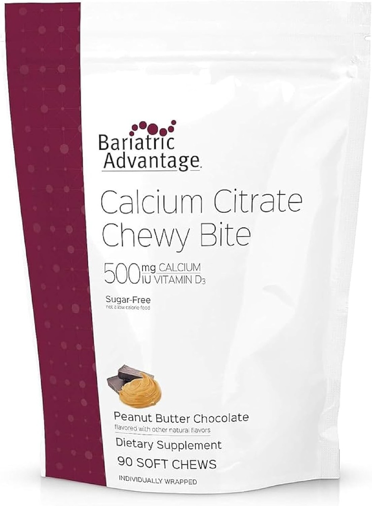Persediaan Bariatrik Kalsium Citrat Chewy Bites 500 mg - Sangat Absorbable & Digeable - Vitamin D3 - Mudah Chesily Kalsium Supplemen - Peanut Butter Chocolate - 90 Cacah