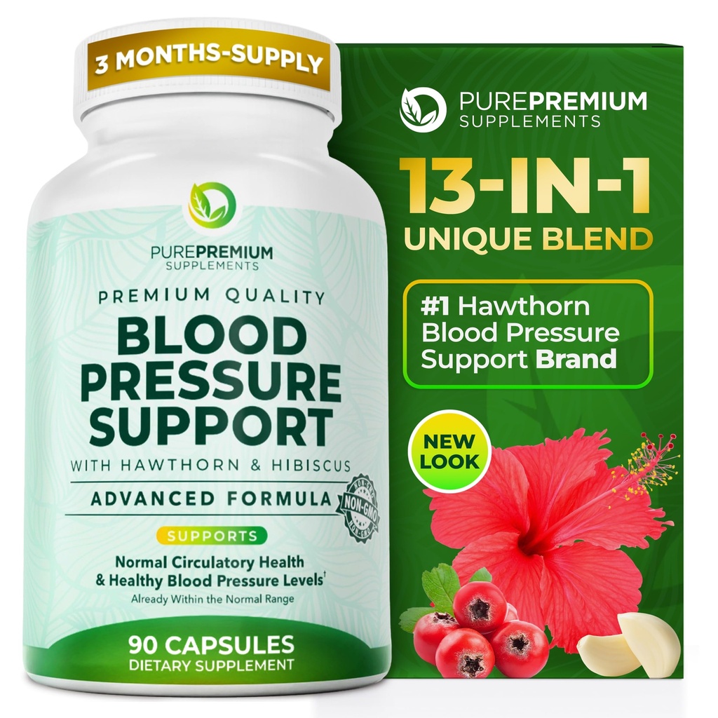 Suplemen Tekanan Darah PurePremium dengan Hawthorn Berry, Hibiscus, Garlic & Vitamin B12 - Nitric Oxide Suplemen untuk Kesehatan Jantung Normal, Dukungan Kesehatan & Darah Sirkulasi - 90ct