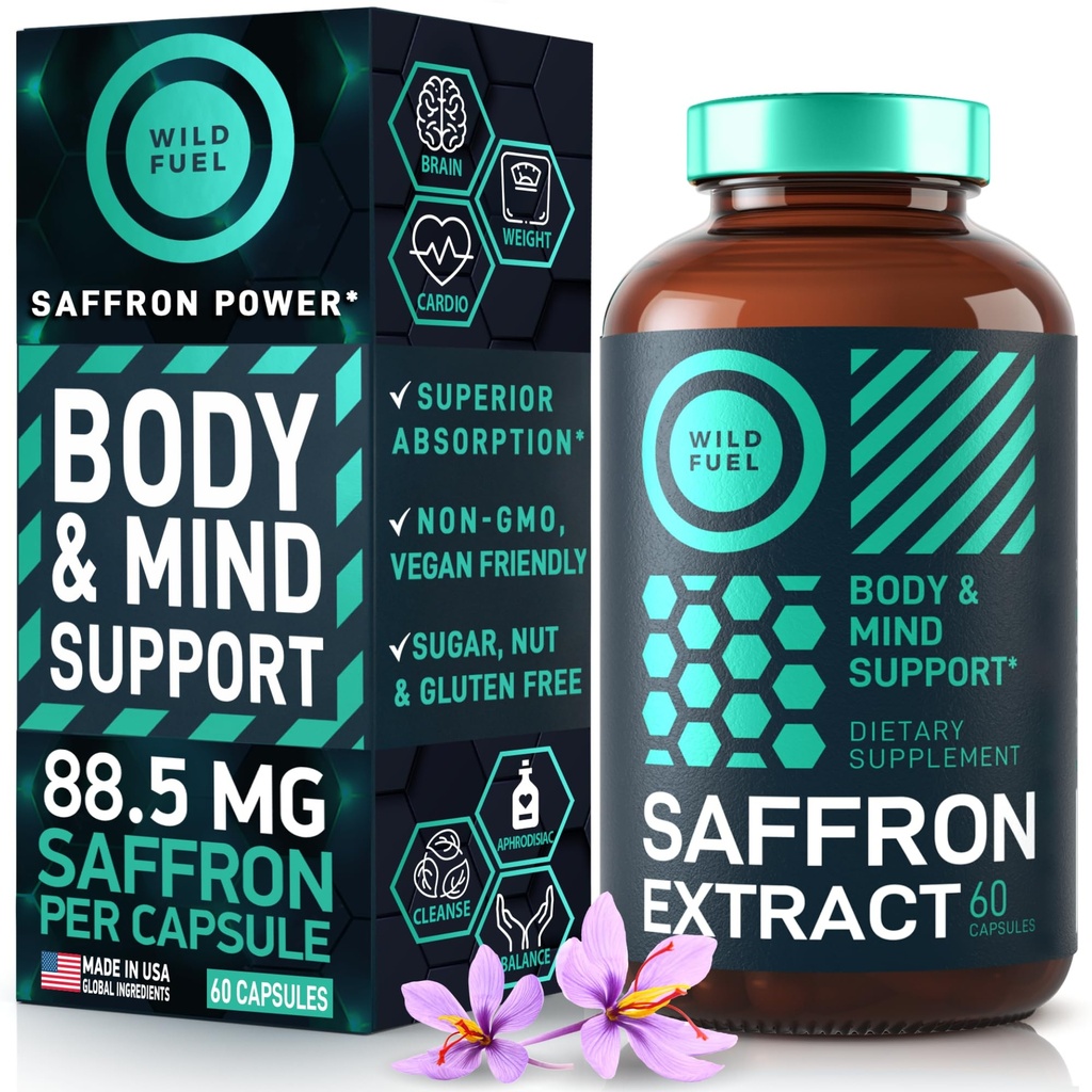 Suplemen Saffron untuk Perempuan dan Pria - 88.5mg Ekstrak Saffron Murni - Antioksidant, Eye Health, Dukungan Energi dan Mood Booster - Vegan, Dibuat di AS, 60 Capsules Sekali Harian