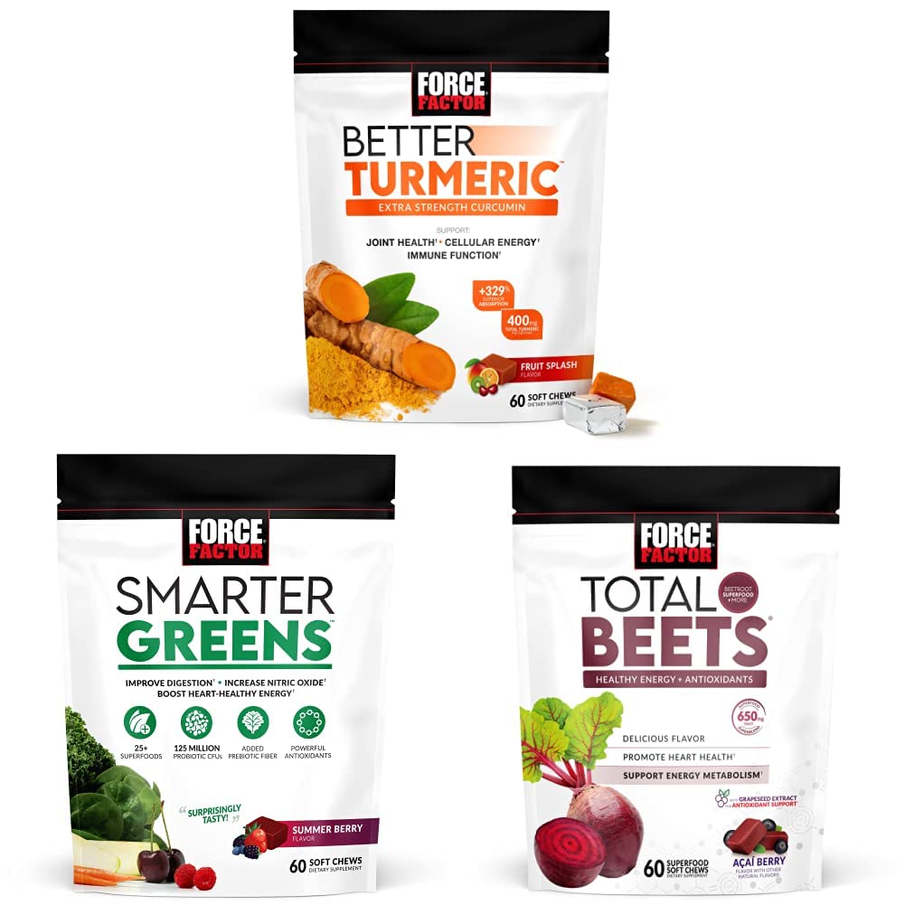 Force Factor Better Turmeric Joint Suppplement & Smarter Greens Superfood Chews, 60 Soft Chews & Total Beets Soft Chews, 60 Chews