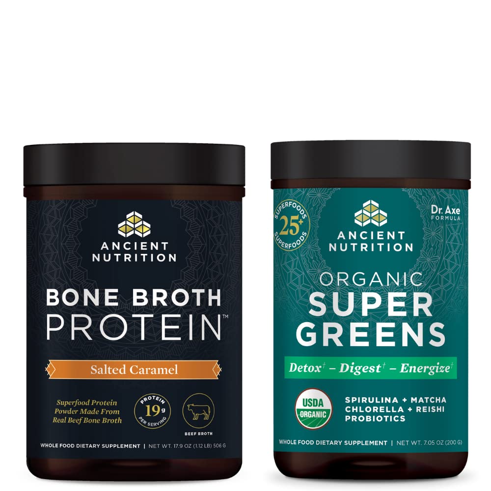 Bubuk Protein Tulang Nutrition Kuno, Salted Caramel, 20 Pelayan + Organik Supergreens Powder, Hijau Flavor, 25 Hamba