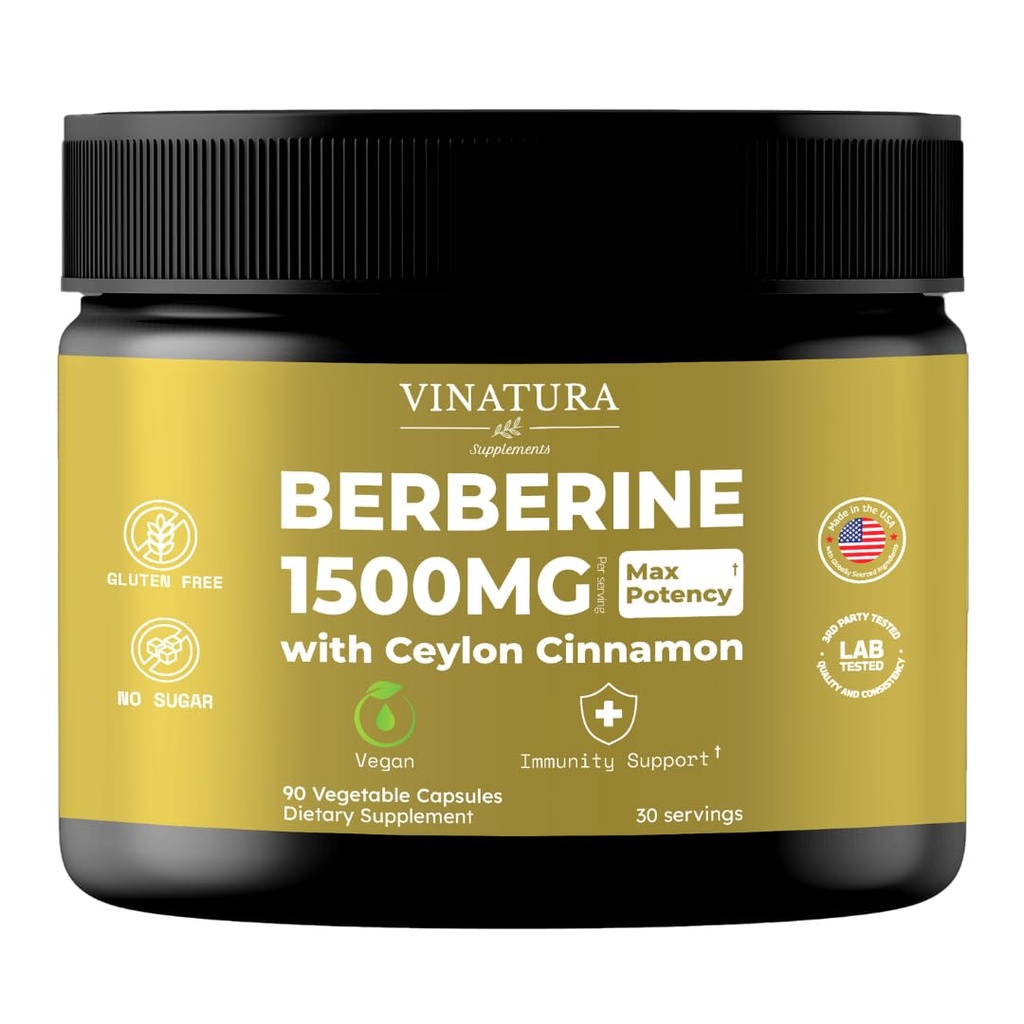 VINATURA Berberine 1500mg - Suplemen Berberine dengan Cinnamon Ceylon, Max Potency Berberine HCL - 90 Kapsul