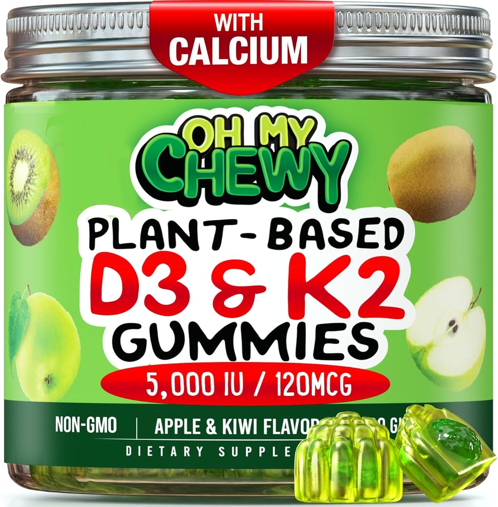 Center- Vitamin D3 K2 Gummies - Anak-anak, Teens & Dewasa - Tambahan Gigi Sehat, Bone, Energi & Imunitas - 5000 IU D3, 120 mcg K2 (MK-7), 120 mg Calcium