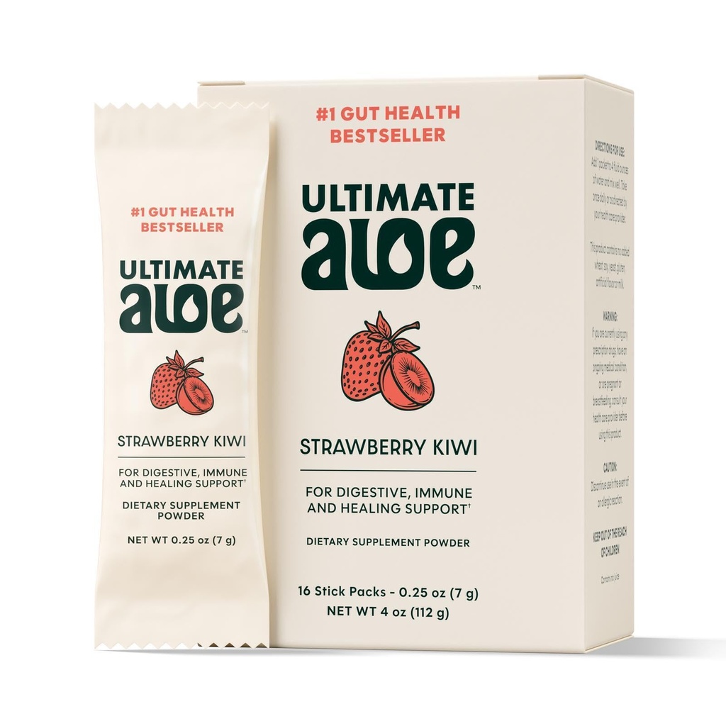 Aloe Towder - Strawberry Kiwi Flavor, Support Digetical Health, Ammune System & Normal Healing, Aloe in convenient powder Pawket, 16 Packet, Gluten-Free, Vegan, Non-GMO