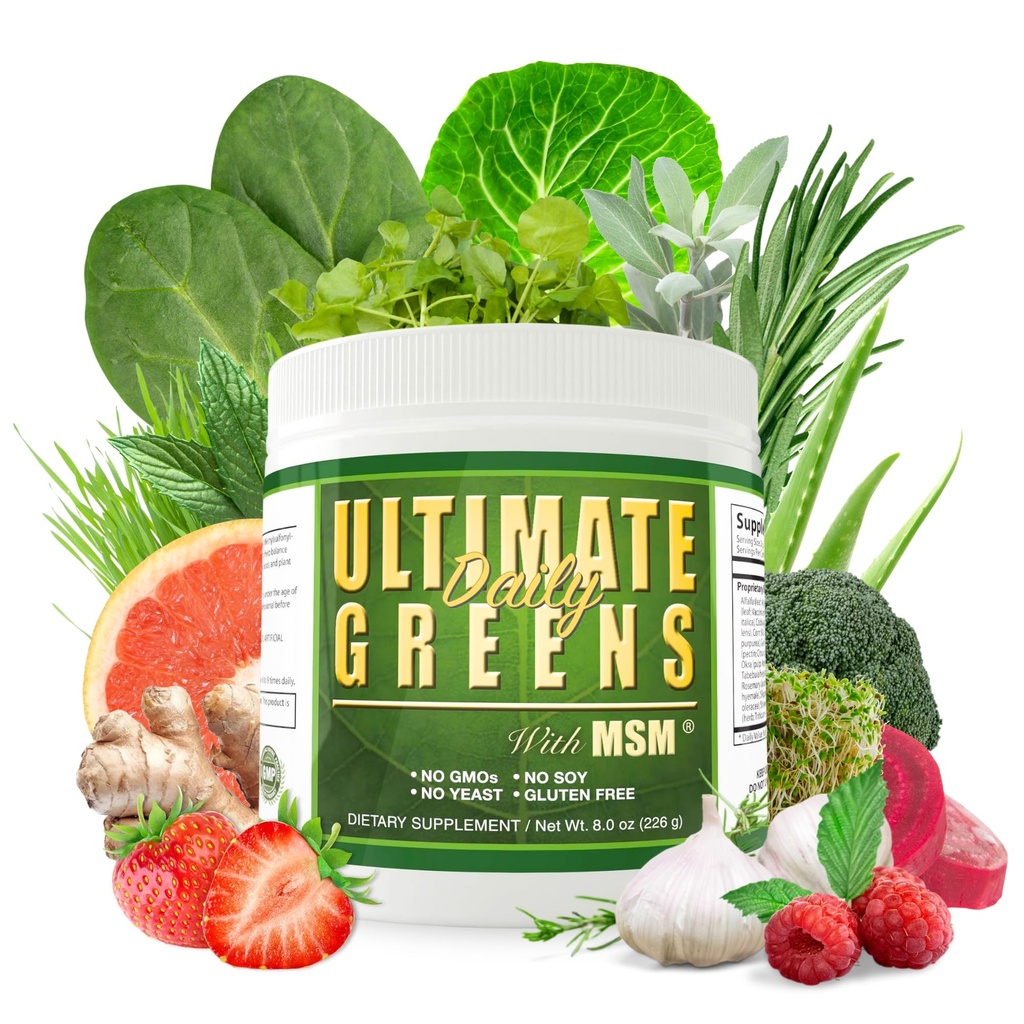 Kesehatan Sehari-hari, sayuran Ultimate dengan bubuk MSM, Vegan Friendly Natural Ingrebients Gluy Soy Free NO GMO Superfood Vegetable Minuman Nutration Alkualizing Energy 8oz 1 Pack (Persediaan Bulan 1)