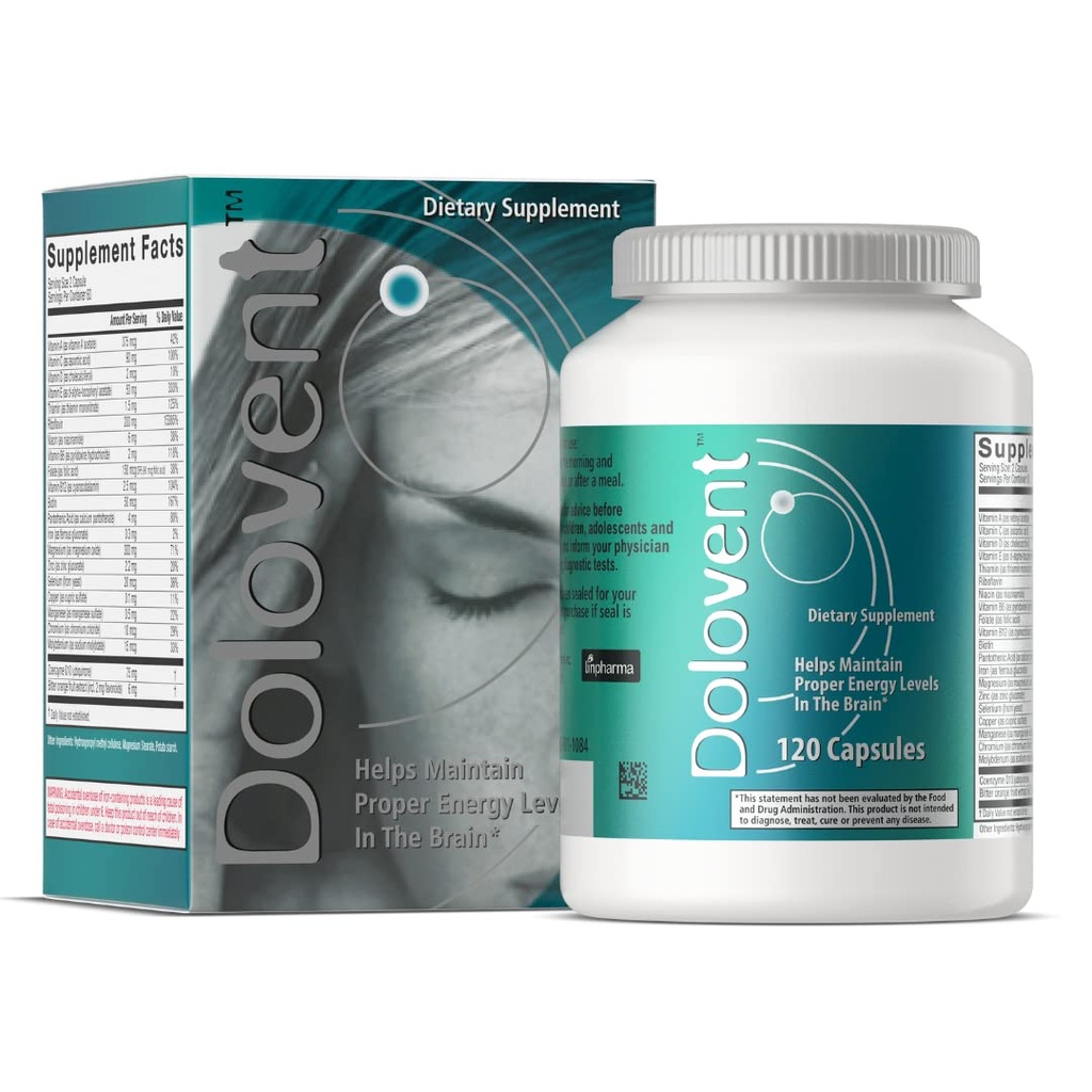 Dolovent - Relief Migraine Alam dengan Magnesium untuk Migrain, Vitamin B2 400mg, CoQ10 - Tambahan Diet untuk Kesehatan Otak - 1 Botol