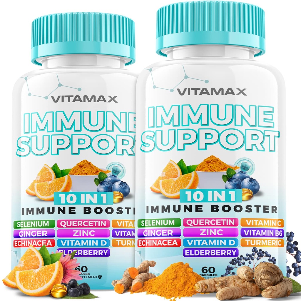 10 -in- 1 Imune Dukungan dengan Elderberry, D3, Selenium, Quercetin, Zinc, Vitamin C, Ginger, Turmeric Curcumin, B6, Echinacea - Pertahanan Immune - Dibuat di AS (60 Count (Paket 2)