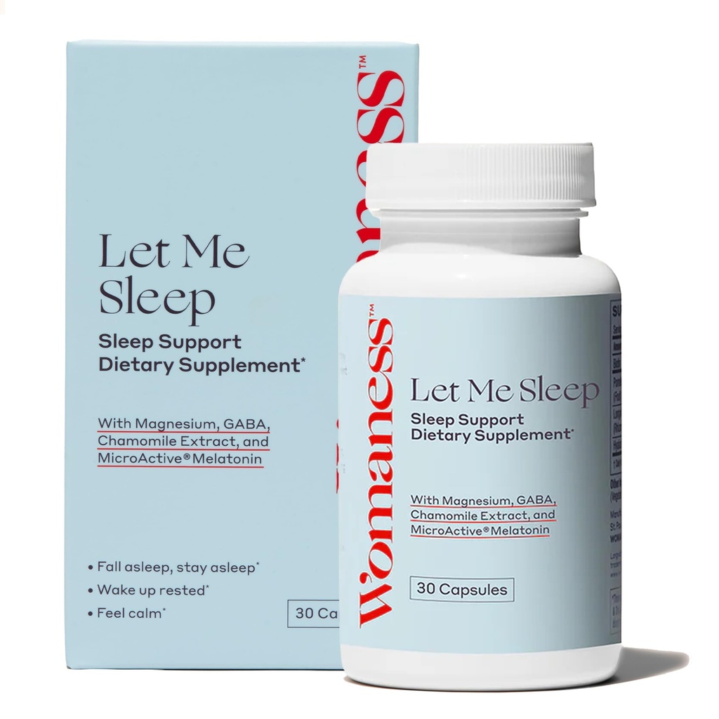 Womaness Let Me Sleep Suplemen Orang Dewasa - Bantuan Tidur Alam dengan Melonalin 3mg, Magnesium Tambahan, GABA & Chamomile Ekstraksi untuk Istirahat - Dukungan Malam untuk Tidur - 30 Kasules