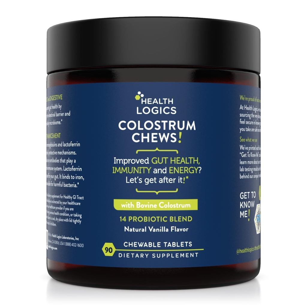 Health Logics Colostrum Chews- Colostrum Suplement 25% IGG for Gut Health, Imune Dupport, Hair Growth, Vanilla Flavor, 90 Servings, Whole Bovine Colostrum Superfood