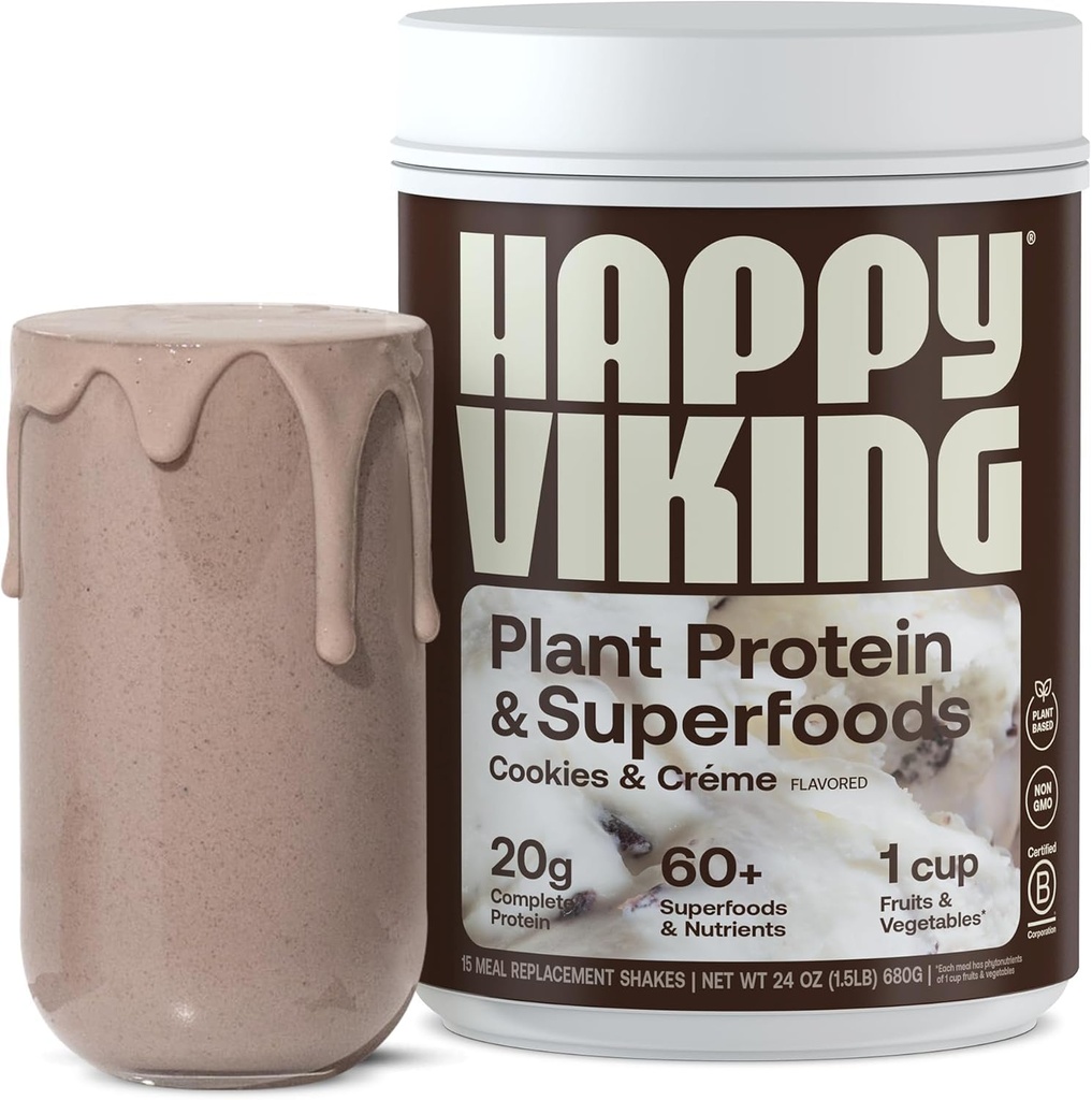 Gembira Viking Cookies and Cream Plant Protein Powder, dibuat oleh Venus Williams, 20G Protein, Low Carb, Keto, Vegan, Gluten- Free, Non-GMO, Superfoods, Complete Meal Replacemer, 1 Canister