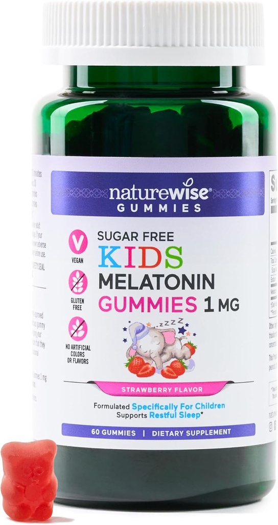 NatureWise Kid melonatin 1 mg Sugar-Free Gummies for Children Ages 4 & Up - Non-Habit Forming Sleep Aid - Strawberry Flavored - Vegan, No Gluten, Non- GMO - 60 Count [Persediaan Dua Bulan]