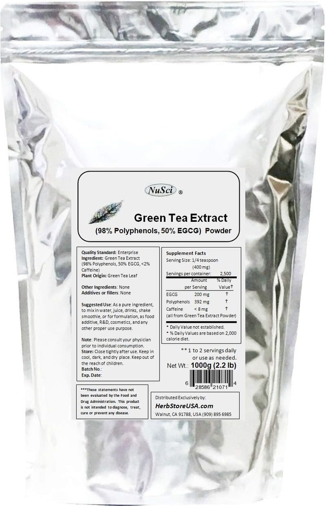 Green Tea Extract Bulk Powder Standardied 98% Polyphenols dan 50% EGMO Free Non- Irradiated (1000 gram (2.2 lb)))