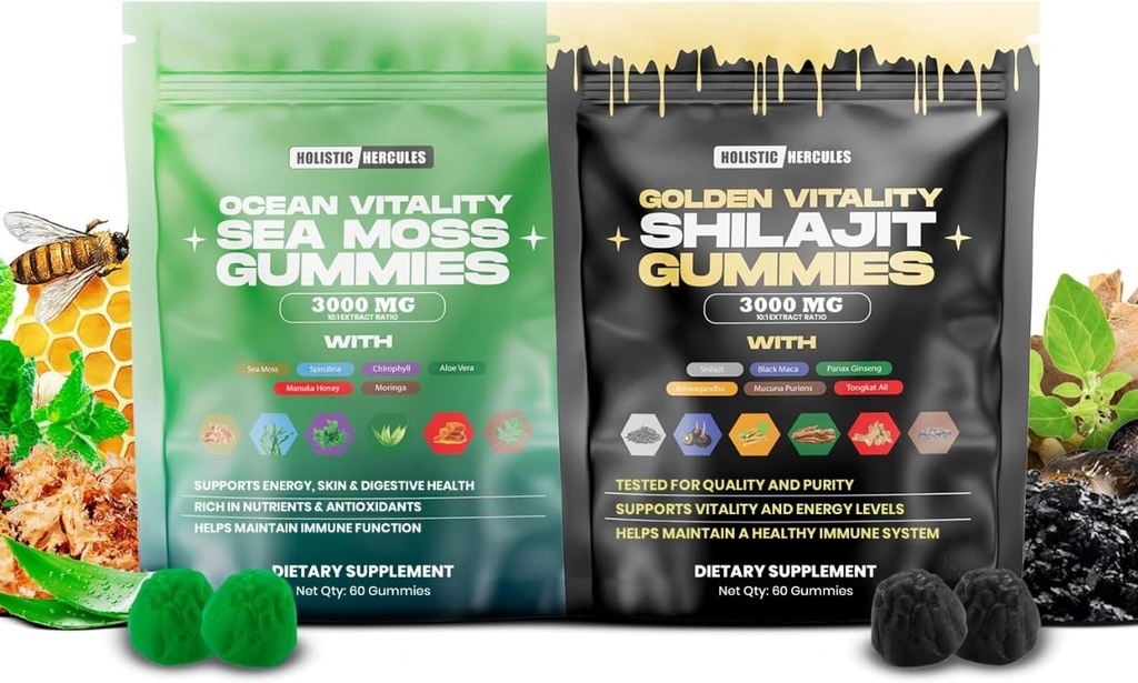 Holistik Hercules Moss & Pure Himalaya Shilajit Gummies Gold 124; 100% Natural Organic Vegan 124; No Added Sugar 14; Ashwagandha Tongkat Ali Ginseng Spirulina Moringa Honey Manuka 124; 60 Gummi 2 Pack
