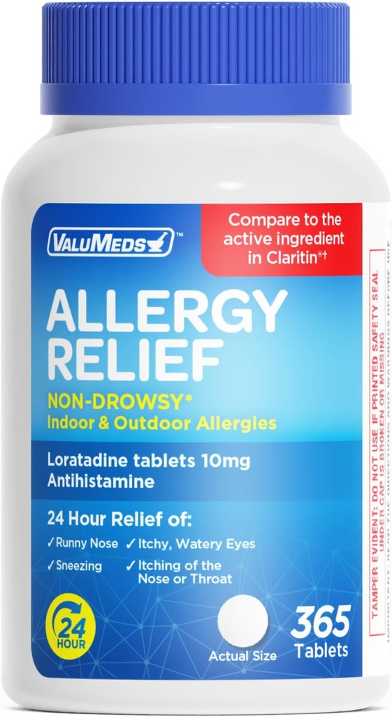 ValuMeds Loratadine 10mg Non-Drowsy 24- Hour Relief Indoor & Outdoor 14; All-Day Antihistamin Alergy / Sinus Pil untuk Runny Nose, Itchy, Mata Mata Mata 126; Bandingkan ke Claritin 12465; 365 Tablet