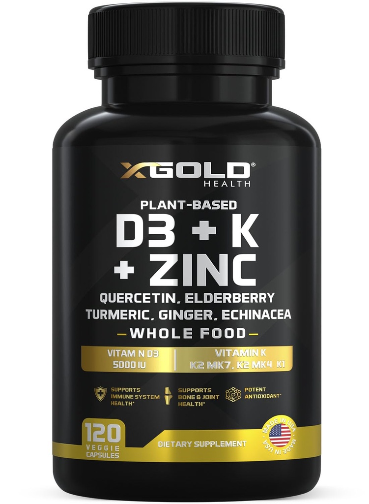 Vitamin D, K2, K1, Zinc, Quercetin, Elderberry, Turmeric, Ginger & Echinacea Whole Food Suplemen 8 dalam 1 - D3 5000 IU Plant - Berdasarkan dari Lichen, Vitamin K (K2 MK7, MK4, K1), D3 K2 Vitamin -120 Capsules