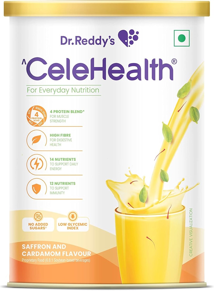 Minuman Nutrisi Celehealth Dr. Reddy, Tambahan Protein untuk Penggunaan Harian, Indeks Glycemic Rendah, Nol Ditambahkan Gula, Saffron dan Cardalon Flavour, 400g, Kuning