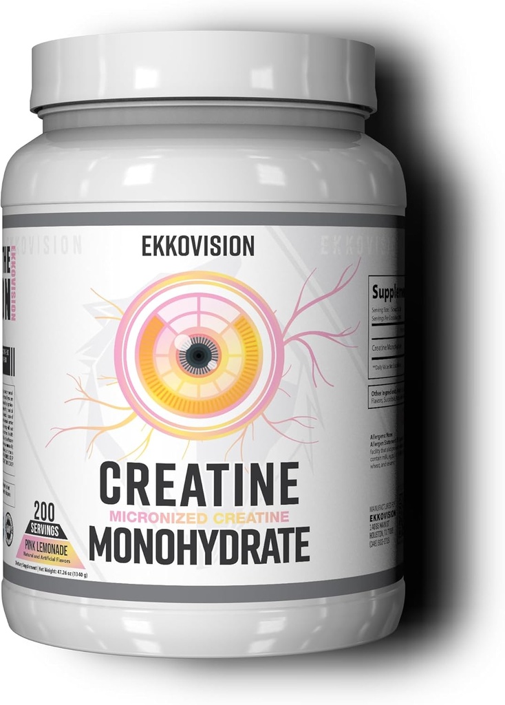 Ekkovision Creatine Monohydrate Powder, Micronized, Pink Lemonade, Pre Workout & Post Workout Suplemen untuk Pria dan Wanita, Dukungan Energi, Mudah untuk Mix di Shakes, Smoothies & Beverage, 200 Hamba