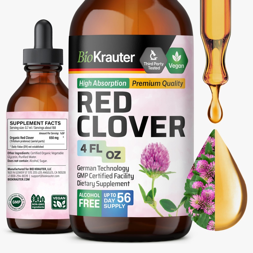 BIO KRAUTER Red Clover Taincture - Red Clover Extract - Liquid Suplemen untuk Dukungan Perempuan - Alkohol dan Gula Free - Vegan Drops 4 Fl.Oz.