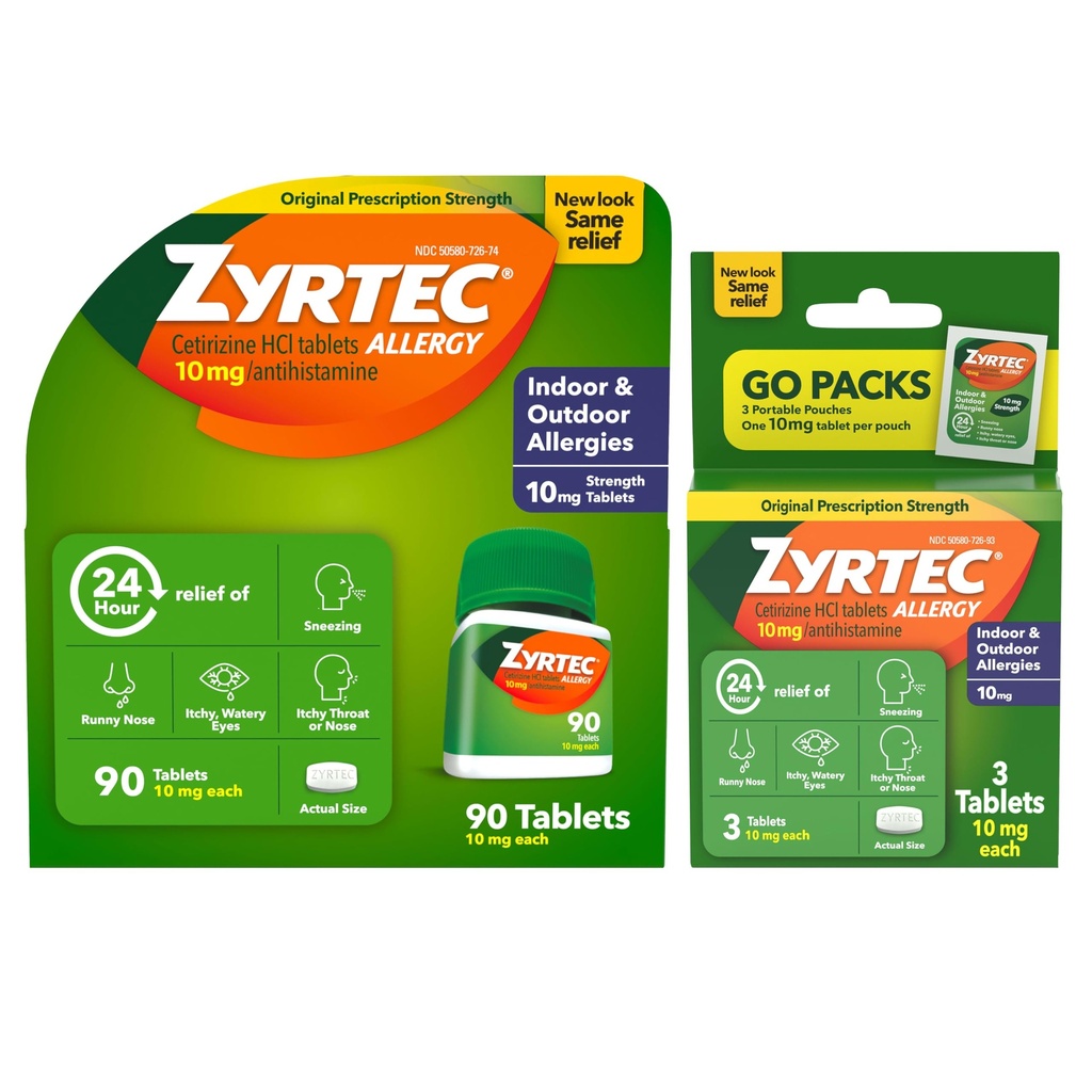 Zyrtec 24 Hour Relief Tablet, Indoor & Outdoor Allergy Medicine dengan 10 mg Cetirizine Hydrochloride Antihistamin, Harga Bundle dari satu, 90 ct Bottle & Tiga, 1 ct Travel Packs
