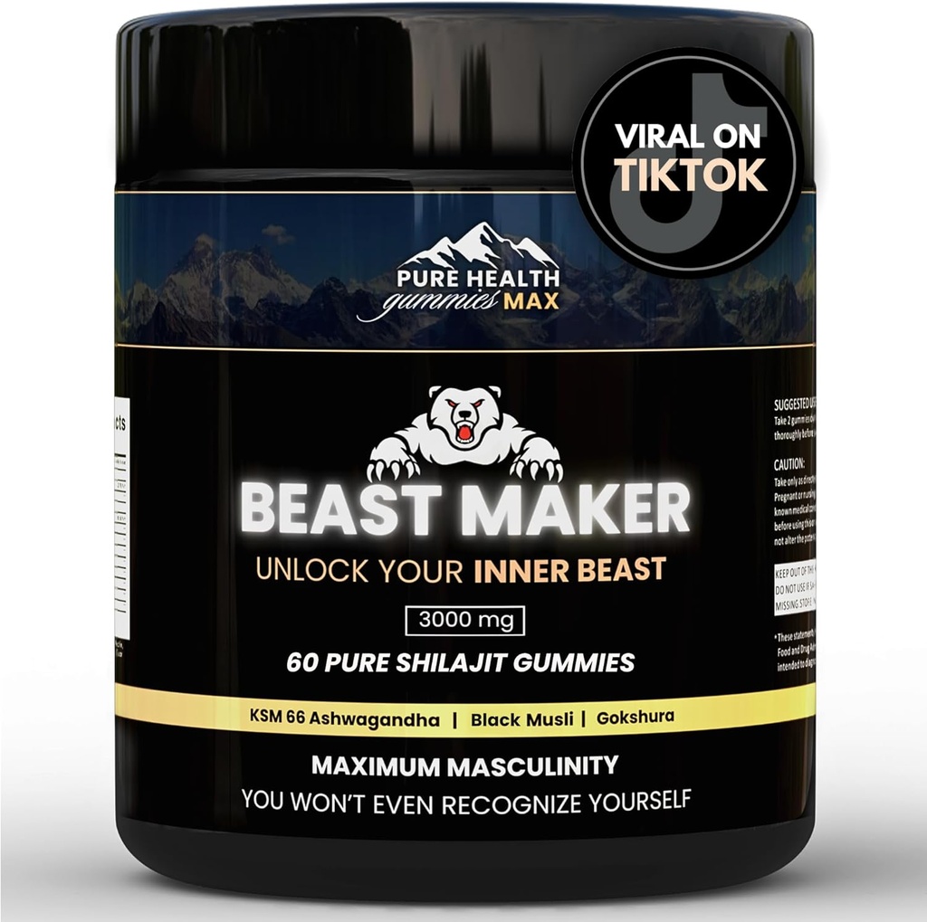 Monster Maker - Pure Shilajit Gummies for Men 124; Natural Himilayan Organic Shilajit Autentic Male Suplemen Pria dengan Ashwagandha, Black Musli, Gokshura 124; 60 Gummi