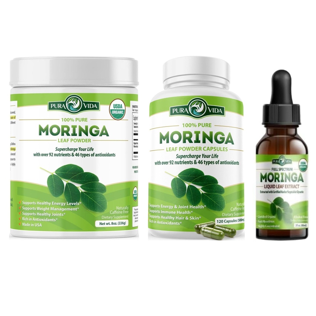 PURA VIDA MORINGA Powder 8 oz Capsules (120 Count) dan Moringa Leaf Extract Drops (2lfl oz)
