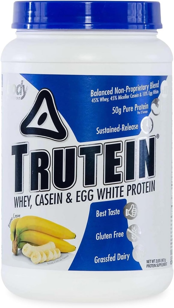 Powder Protein Tinggi Body Nutrition: 45% Whey, 45% Casein, 10% Egg White, Gluten- Free, Low Sodium, Grass Fed Whey Protein Powder, Gym Suplemen & Breakfast, Banana Cream, 2lb