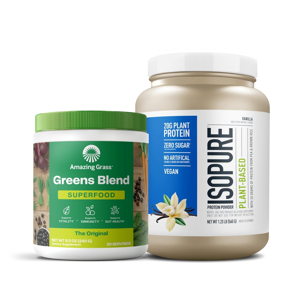 Bundle of Amazing Grass Greens Superfood Pounder: Asli, 30 Serbu + Isopure Vanilla Protein Powder, Tanaman Based, Organic Pea Protein, Dairy Free, 20 Pelayan (Packing May Wary)