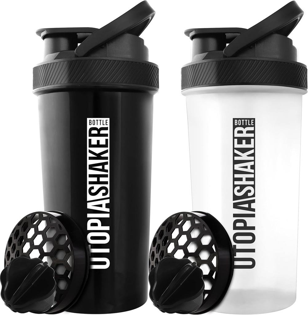 Utopia Home Protein Staker Bottle - (Pack of 2) 28- Ounce Shaker bottle For Protein Mixes - Fitness Olahraga Protein Mixer Shake Bottle (Black & Clear / Black)