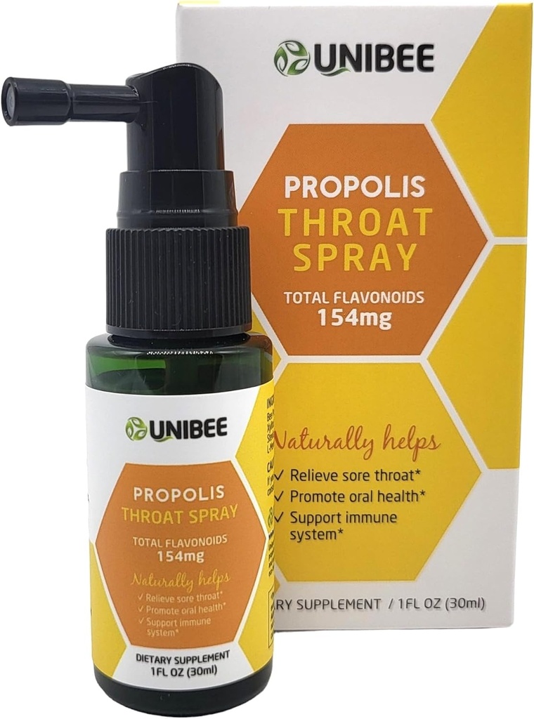 Propolis UNIBEE Throat Spray (Total Flavonoid 154mg) - Sore Throat Relief, Oral Health Promotion, Natural Immune Support, Alcohol- Free & Water- Soluble Propolis